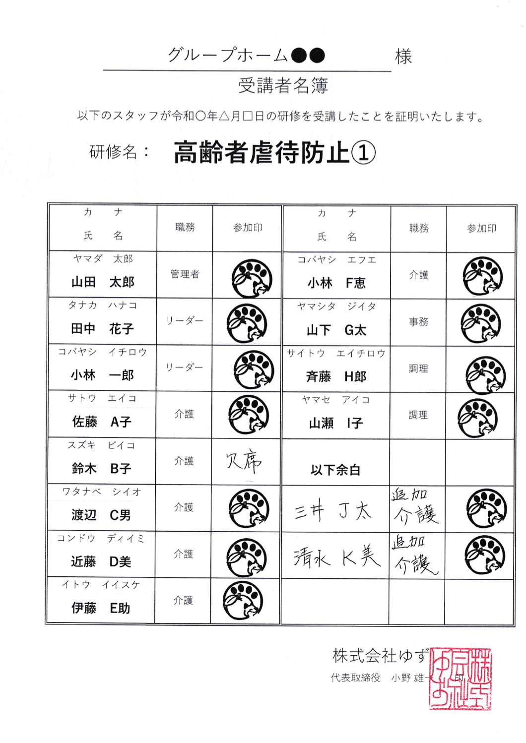 受講者名簿の書類イメージ